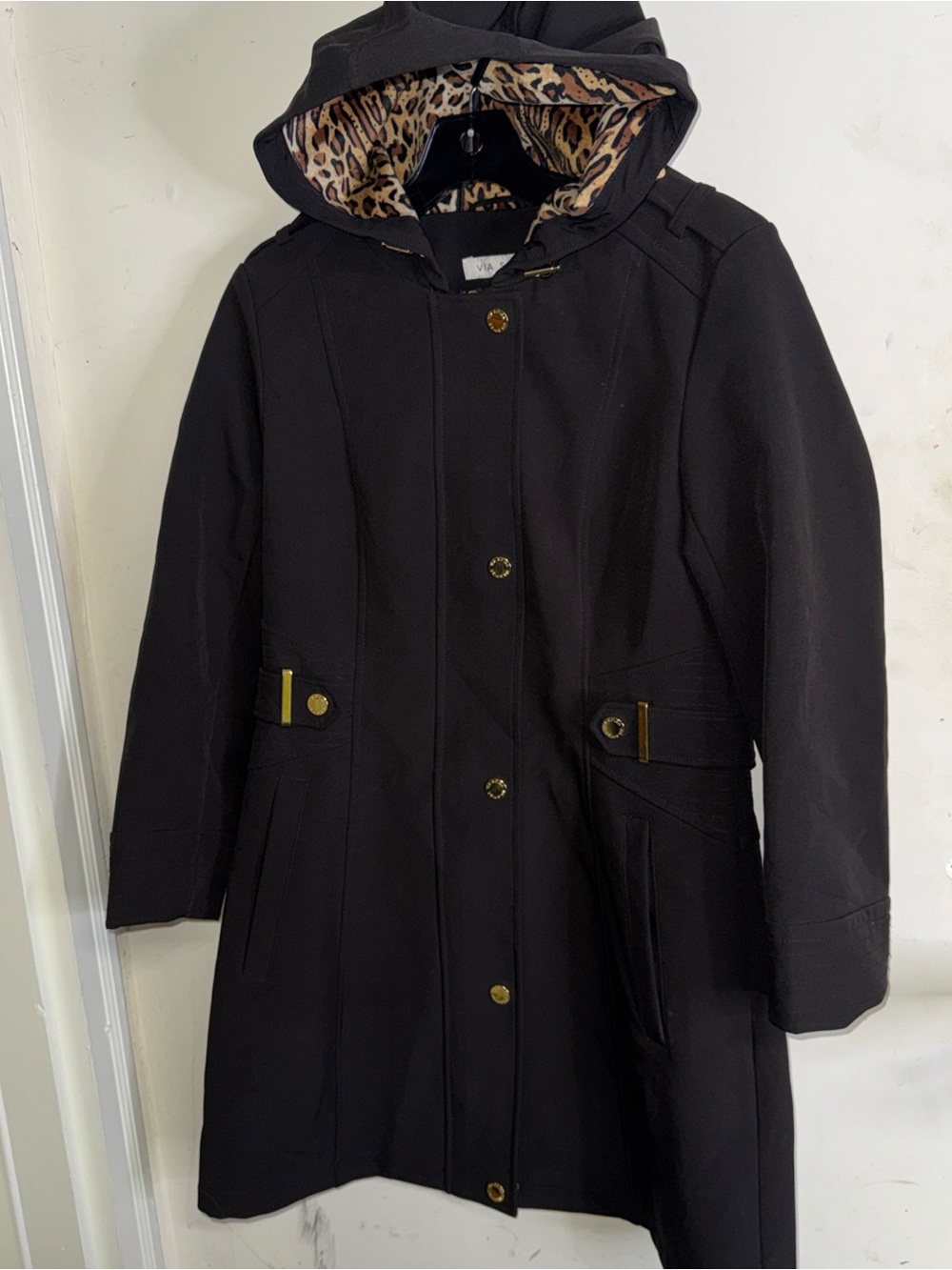 Via Spiga Black Hooded Trench Coat with Leopard Lining